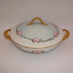 Vintage K&A Krautheim Selb Bavaria Vegetable Bowl & Lid White Blue Pink Roses